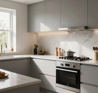 A modern British home interior, bright and airy, showing a recently renovated kitchen with high-end finishes, soft natural lighting, professional photography.