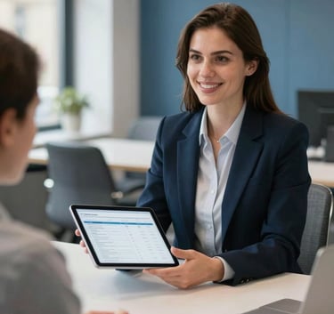 A professional financial advisor in a bright London office showing a tablet with clean data to a client, modern interior with slate blue accents, professional and trustworthy atmosphere, Northern European / British.
