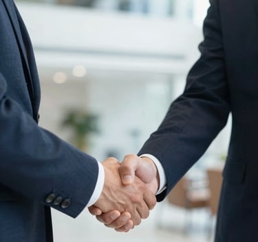 Close-up of two business professionals in tailored suits shaking hands in a bright, modern corporate lobby. The lighting is professional and airy, incorporating brand colors through subtle background elements, symbolizing a successful financial partnership.