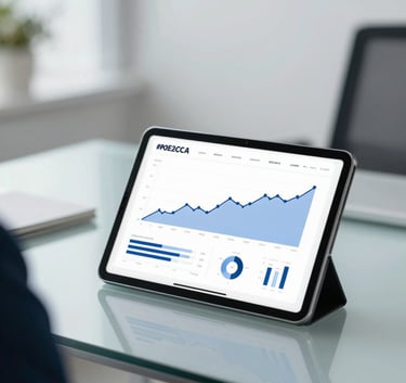 A high-end, professional office environment with a sleek glass desk and a tablet displaying financial growth charts. The scene is illuminated with clean, soft lighting and incorporates tones of #0E2C4A and #B4CED9 to project trust and modern expertise.