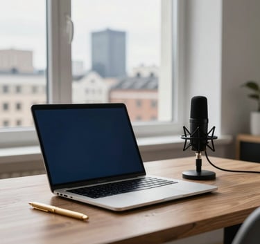 A refined home office space in Northern Europe with a view of a clean city skyline. A thin laptop sits on a wooden desk with a gold pen and a professional microphone. The mood is sophisticated and quiet, utilizing deep navy and off-white tones.