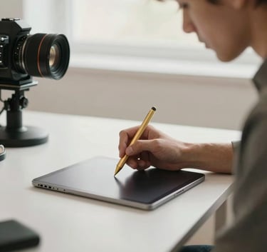 A professional creator in a modern, light-filled studio environment, working on a tablet with a gold stylus. The setting is international and premium, avoiding banking cliches, focusing on the modern creator economy.