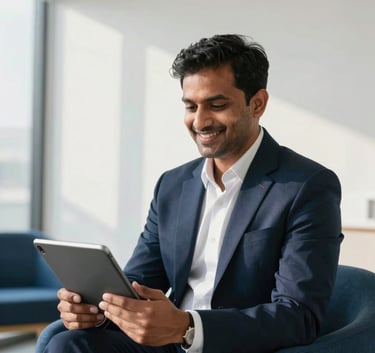 A professional South Asian / Indian financial advisor in a modern, sunlit office with cloud white walls and deep navy blue furniture, smiling confidently at a tablet.