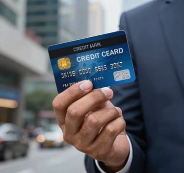 A crisp, professional shot of premium credit cards from major Indian banks held by a person in business attire within a modern South Asian / Indian city environment, featuring deep navy blue and steel blue accents.