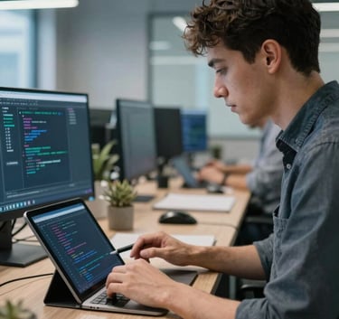 A professional software engineer in a modern Global / Tech Industry co-working space, working on a tablet device with a focus on code and design, surrounded by Steel Blue decor.