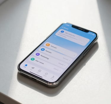 A sleek smartphone resting on a minimalist desk in a bright Global / Tech Industry studio, the screen displaying a clean and innovative interface, with natural lighting reflecting Ice White and Sky Blue tones.