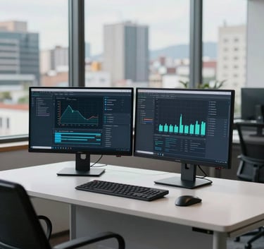 A software developer working at a minimalist desk with two monitors in a modern corporate building, view of a Latin American city through the window, professional and clean style.