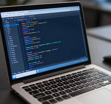 Close up of a high-end corporate laptop showing a software development interface with clean code, navy blue and medium blue lighting, professional tech environment in Latin America.