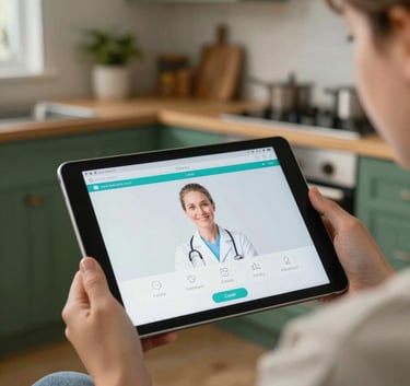 A detailed close-up of a digital caregiver profile on a tablet being held by a family member in a cozy US home setting. The background shows a warm kitchen with deep forest green accents.