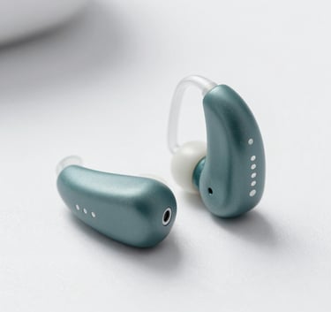 A pair of sophisticated, modern hearing aids resting on a clean, off-white surface. The lighting is soft and clinical, conveying a sense of high-tech precision and comfort. The color palette features subtle #3D6C7E and #A7C9D6 tones in the composition.