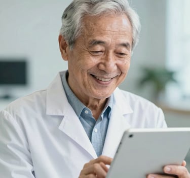 An elderly man smiling warmly while looking at a tablet, showcasing a clear, confident expression of hearing health success. The background is a blurred clinic with soft #F3F6F8 tones and #A7C9D6 highlights. Professional medical style.