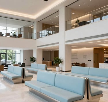 A wide shot of a contemporary multifamily building lobby in a North American / US metropolitan area, featuring high-end finishes, pale steel blue seating, and professional, bright lighting.