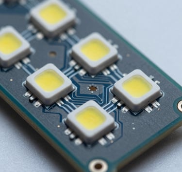 Macro photography of an LED module showing individual pixels and internal circuitry, technical lighting highlighting electronic components, clean and modern aesthetic, medium blue and dark grey tones.