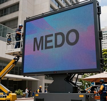 A wide shot of a high-resolution outdoor LED screen being serviced by technicians on a lift, modern urban Brazilian architecture in the background, bright daylight, professional industrial style.