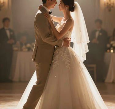 An artistic cinematic shot of a bride and groom during their first dance, warm golden backlighting, soft focus, featuring elegant ivory #F8F3EC highlights and taupe shadows.