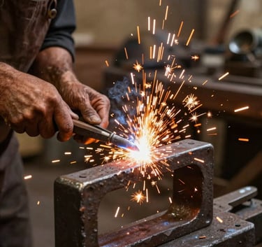 A close-up shot of a master blacksmith’s hands welding a heavy iron frame in a factory setting. Bright orange sparks fly against a bronzed earth background, emphasizing industrial precision and craftsmanship.