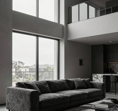 A minimalist living room with high ceilings, a charcoal gray sofa, and marble accents. Soft natural light through floor-to-ceiling windows. Professional, North American interior design style, neutral palette with blacks and silvers.