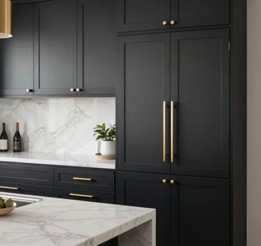 A modern kitchen with matte black cabinetry, brushed gold hardware, and a white marble island. Sleek, professional photography, North American luxury home.