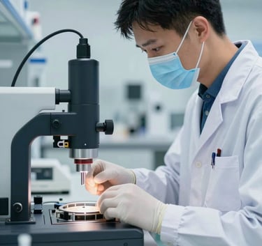 A professional technician in a clean, modern lab setting using a laser diagnostic tool to inspect high-tech construction materials. Lighting is crisp and scientific, incorporating brand colors #4C7C9D and #FBF8F0.