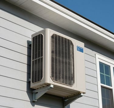A sleek, modern exterior air conditioning unit installed against the wall of a contemporary North American / US home. The scene is bright daylight, showing the clean lines of the pale mist grey siding and a rich royal blue sky.