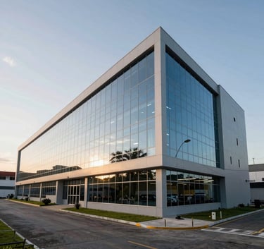 A wide-angle shot of a modern industrial office and production plant in Santa Catarina, Brazil. The architecture is contemporary with large glass panels, reflecting a professional and technologically advanced corporate image under a clear sky.