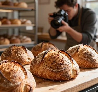 A professional photographer in a cozy North American bakery, capturing a close-up of fresh sourdough bread under warm, morning sunlight.