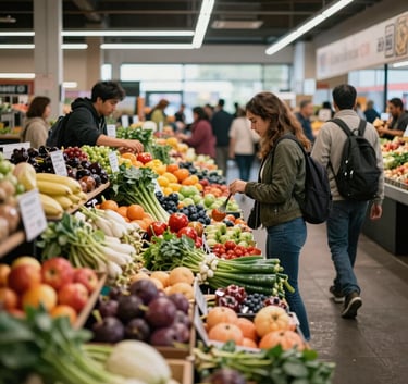 A bustling North American modern food market with vibrant organic produce displays and local shoppers in a bright, airy setting.