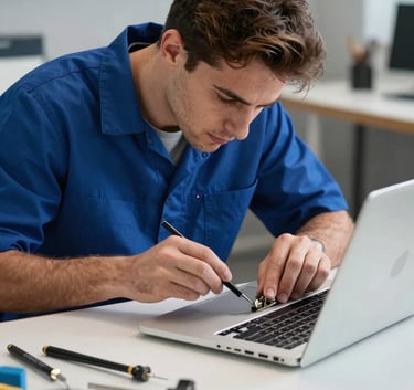 A professional technician in North American / US attire carefully repairing a laptop at a clean, well-lit workbench with royal blue accents and precision tools.