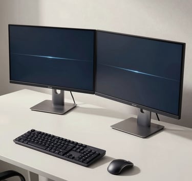 A sleek, modern North American / US office workspace featuring a high-end desktop setup with dual monitors and minimalist decor, bathed in soft off-white and dark blue-gray tones.