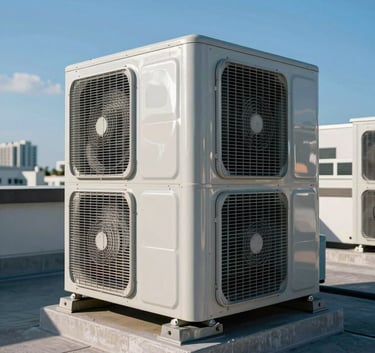 High-efficiency industrial air conditioning unit on a rooftop, gleaming silver metal panels against a clear blue Miami sky, technical precision photography, North American / US.