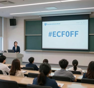A modern university lecture hall equipped with advanced audio-visual technology, featuring integrated speakers and large screens. The shot highlights a clean, professional academic environment in #ECF0F1 and #34495E tones.