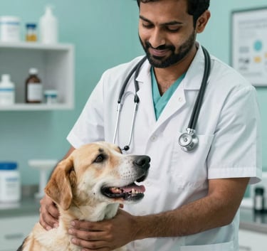 A professional Indian veterinarian in a clean clinic wearing a stethoscope, gently petting a dog, high efficiency and trustworthy vibe, clinic accents in #A7C9A7.