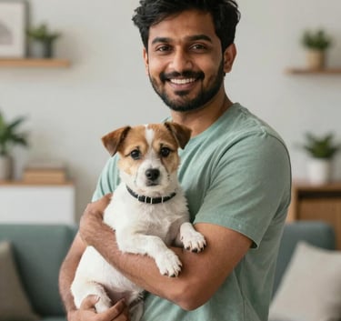 A happy Indian pet owner holding a small dog, smiling at the camera in a modern Kolkata living room setting, soft focus on the background featuring elements in #F3F3E9 and #5E8E7D.