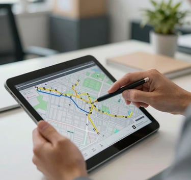 Close-up of a logistics manager's hands in a Brazilian office using a tablet showing a map with delivery routes, soft natural lighting, professional corporate atmosphere.