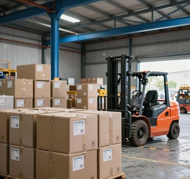 A professional-looking warehouse interior with high ceilings and steel blue accents, featuring neatly organized cargo boxes and a forklift in the background, South American / Brazilian setting.