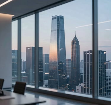 A sophisticated corporate interior of a modern law firm overlooking a global city skyline at twilight, featuring clean lines, glass walls, and a palette of #0C1E3C and #C0C8D1, reflecting international professionalism.