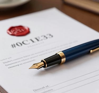 A high-end fountain pen resting on an official legal document with a red wax seal, soft focus on a leather-bound desk in a prestigious office, incorporating #0C1E3C and gold accents for a sense of trust.