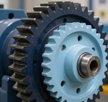 A heavy-duty industrial gear assembly, combining dark navy and light ice blue metallic finishes, photographed with sharp focus to emphasize strength and cutting-edge performance.