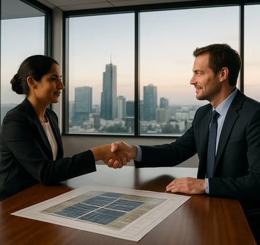 A wide-angle professional photograph of a modern Australian / Indian business boardroom overlooking a clean skyline. Two professional representatives are shaking hands across a polished wood table with architectural plans for a solar farm laid out. Soft morning lighting, corporate atmosphere.