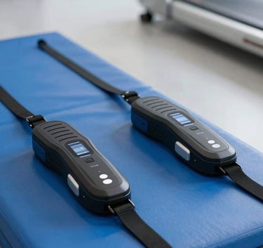 Close-up of sleek, high-tech biometric training sensors and a royal blue jump mat in a clean, modern US sports lab, professional photography.