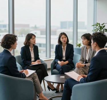 A sophisticated North American office lounge with large windows. A group of young professionals are engaged in a strategic discussion, sitting on designer furniture. The composition is clean and open, utilizing a palette of dark navy and light blue to convey growth and confidence.