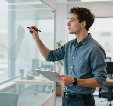 A bright, modern North American workspace where a young entrepreneur is presenting a concept on a glass whiteboard. The scene is filled with natural light, featuring a clean aesthetic with light blue and soft grey tones to inspire professional confidence.