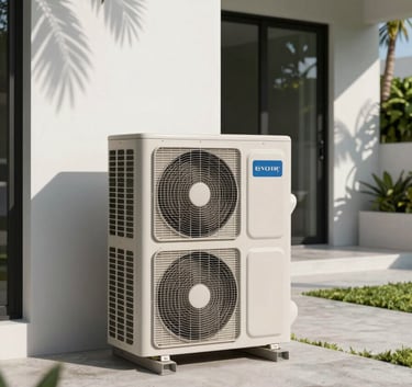 A high-end residential outdoor air conditioning unit installed on a neat concrete pad next to a modern Miami villa with palm tree shadows in North American / US - Miami, Florida.