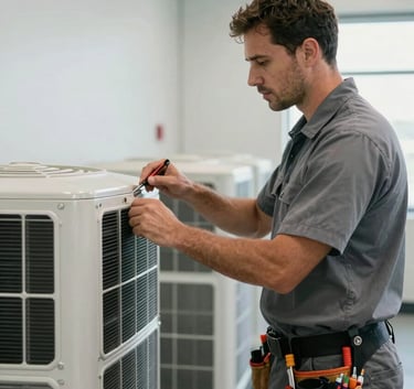 A professional HVAC technician in a cool gray uniform with a tool belt, inspecting an air handling unit in a bright, modern North American / US - Miami, Florida utility room.