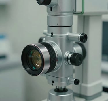 A macro photograph of an advanced ophthalmology device in a clean clinical setting, reflecting precision and high technology. The colors are dominated by soft silver-grey and white with subtle sage accents.