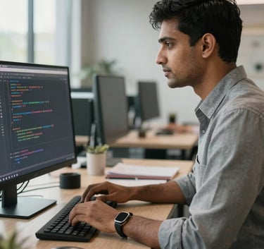 A South Asian software engineer working intently in a modern office, typing on a keyboard with code visible on the screen, morning light highlighting a professional and efficient atmosphere.