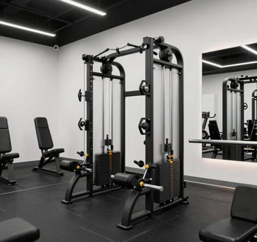 Interior of a modern, sleek gym with high-end equipment, Smoke White walls and Carbon Black flooring, clean composition, professional athletic vibe, Global / Spanish-speaking.