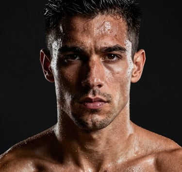 A close-up of a focused athlete's face with beads of sweat, dramatic Carbon Black background, sharp lighting highlighting muscle definition, sophisticated and energetic mood, Global / Spanish-speaking.