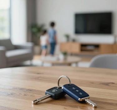 A minimalist, high-quality photograph of a modern family home's interior with a set of car keys on a wooden table. Trustworthy and secure atmosphere, soft focus background, featuring a professional and friendly aesthetic with corporate blue highlights (#1E3A8A).