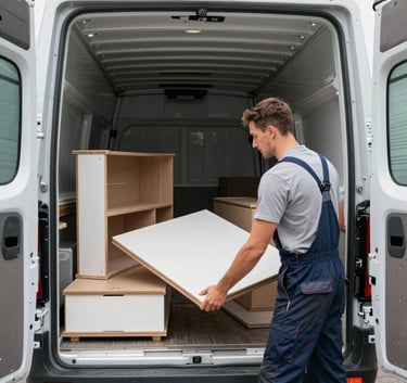 A wide-angle photography shot showing a professional mover loading flat-pack furniture into a large, well-lit transport vehicle. The mover is wearing clean, Northern European work attire in light grey and blue.